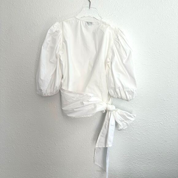 Ganni Puff Sleeve Wrap Top Women Size 40 US 10 Bright White Poplin V-Neck Cotton - Picture 5 of 10